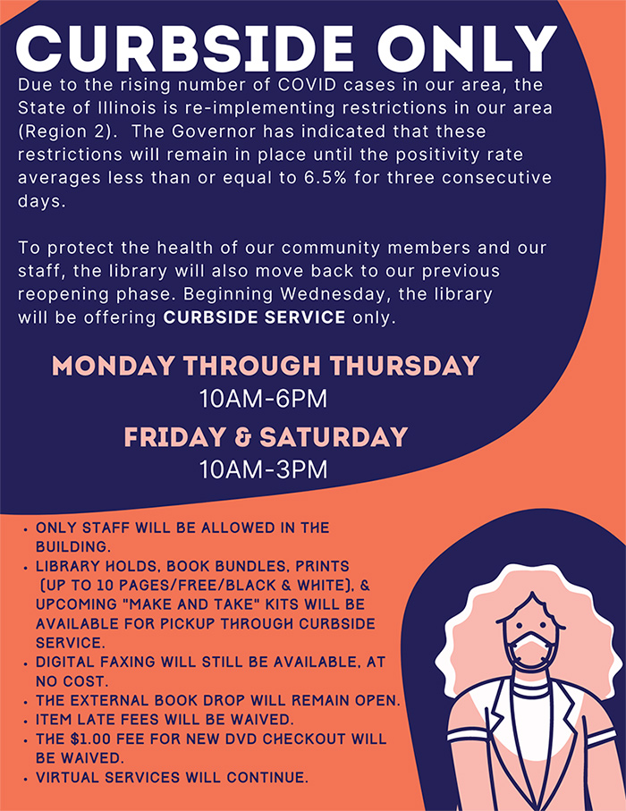 Graphic announcing that the Silvis Library is returning to curbside only service due to increases in COVID cases